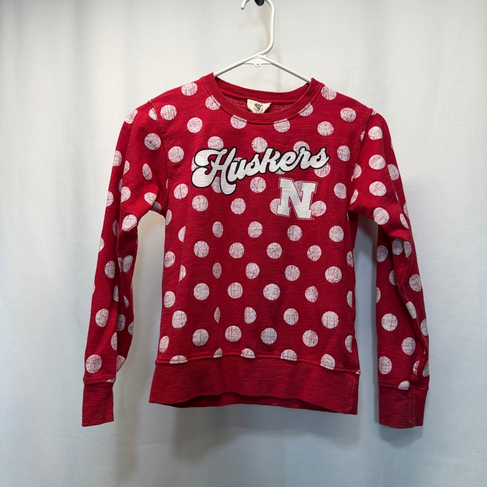 Nebraska Huskers Girls 7 XS Red Polka Dot Crew Neck Wes And Willy Sweatshirt